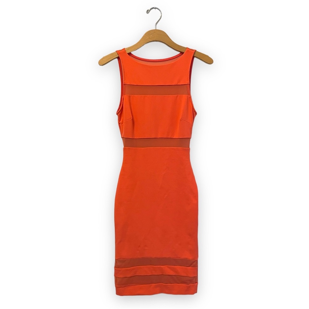 Bebe Sheer-Paneled, Body-hugging Dress, Color Grapefruit Pink, Size XXS - Picture 1 of 8